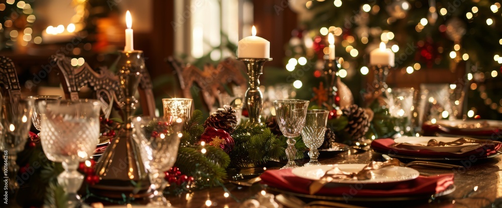 Elegant holiday dining table adorned with candles, crystal glasses, and festive décor during a cozy winter evening gathering. Wide web banner. Elegant holiday dining table adorned with candles, crystal glasses, and festive décor during a cozy winter evening gathering. Wide web banner.