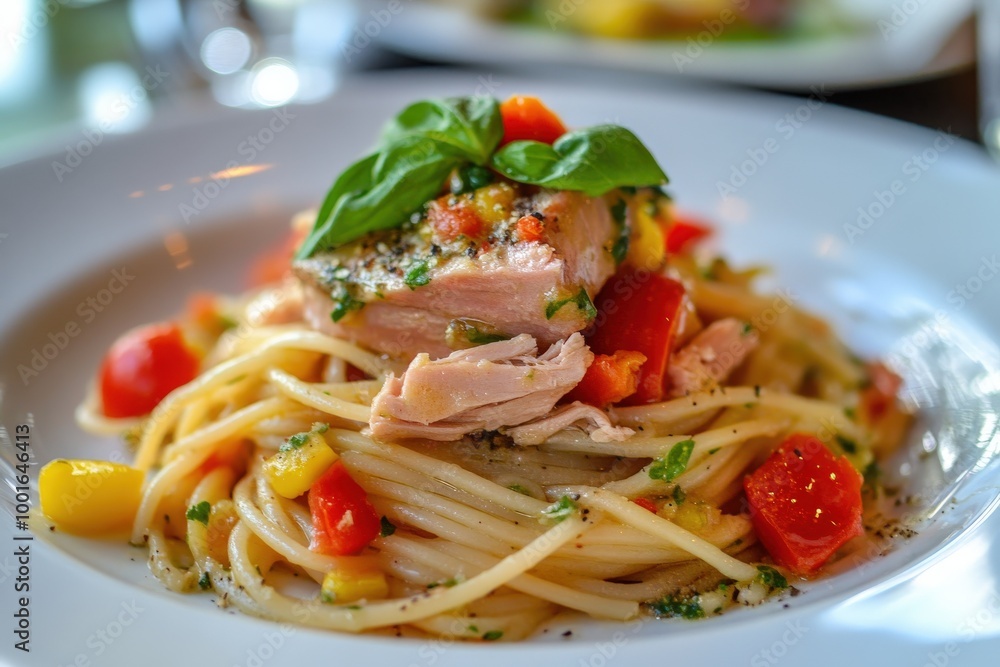 A plate of pasta with meat and vegetables, generative ai image A plate of pasta with meat and vegetables, generative ai image