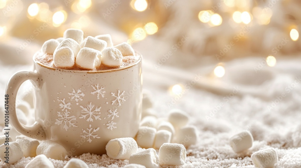 Cozy mug of hot cocoa with marshmallows and blurred christmas lights background Cozy mug of hot cocoa with marshmallows and blurred christmas lights background
