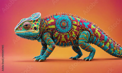 A colorful chameleon stands on an orange background