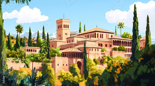 The alhambra in granada, spain, with its intricate architecture and gardens. Moorish Architecture. Illustration