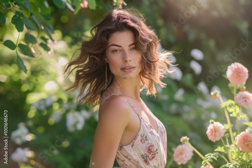 Beautiful Woman in Floral Dress Posing in a Garden