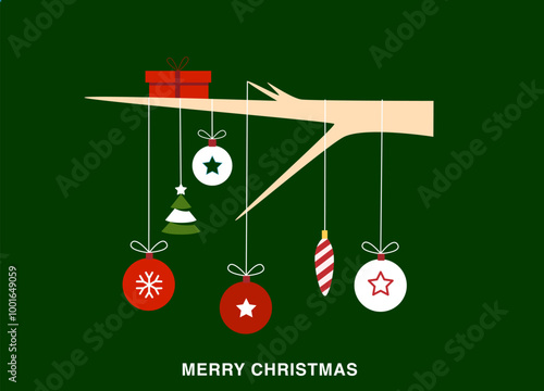 Tree branch on which Christmas balls and decorations. Merry Christmas greeting card.