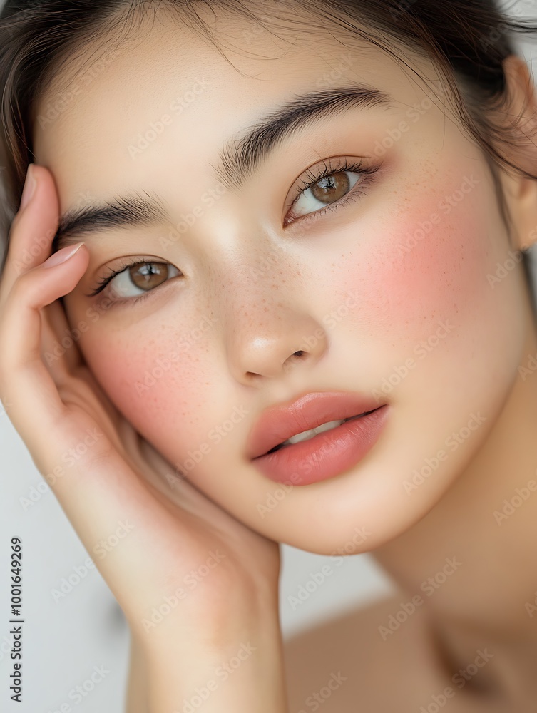 Close up portrait of a young woman with soft pink blush makeup, natural beauty, skincare, soft focus, fresh face, beauty, skin care, make up Close up portrait of a young woman with soft pink blush makeup, natural beauty, skincare, soft focus, fresh face, beauty, skin care, make up