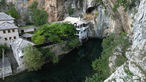 Blagaj Tekke historical village, protected cultural heritage site in Bosnia and Herzegovina, aerial view photo