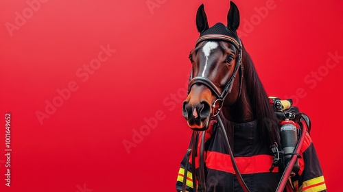 Horse in Firefighter Uniform on Red Background