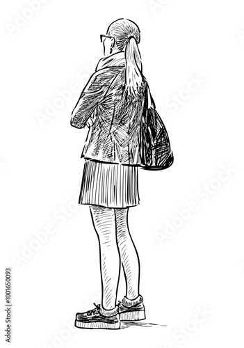 Sketch of casual young modern city woman with handbag standing in waiting outdoors alone,back view, realistic hand drawing, vector illustration