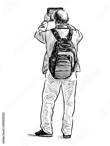 Sketch of casual citizen tourist with backpack standing and photographing on tablet pc outdoors, back view realistic hand drawing, vector illustration