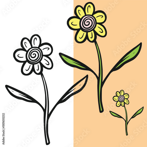 Minimalist floral vector tattoo design in black and white and colored versions