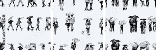 Seamless patterns of sketches casual citizens crowd under umbrellas in raining, realistic hand drawings, baclgrounds, wallpaper, paper, vector illustration