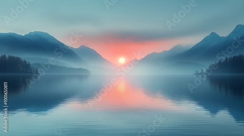 Tranquil lake at dawn, misty water reflecting soft pastel skies.