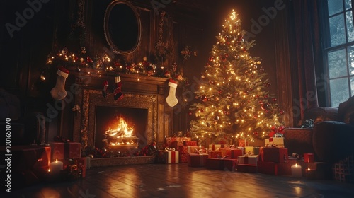 interior christmas magic glowing tree, fireplace, gifts in dark