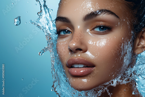 Fashion commercial advertisement. Radiant natural skin woman with water splashing pouring down her face for facial wash skincare ad, blue background 