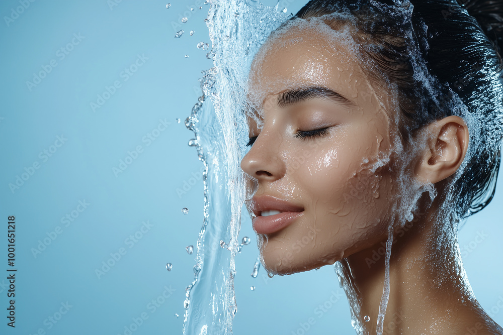 Obraz premium Fashion commercial advertisement. Radiant natural skin woman with water splashing pouring down her face for facial wash skincare ad, blue background 