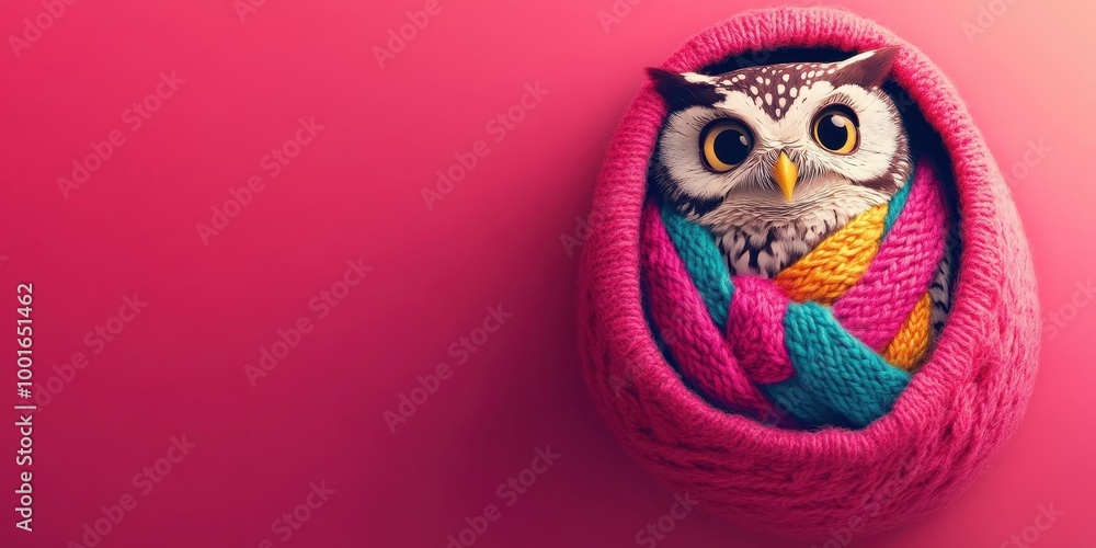 Obraz premium Colorful Owl in Cozy Knitted Scarf