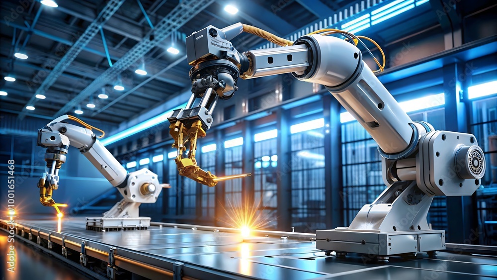 Futuristic robotic arm assembling a complex device Futuristic robotic arm assembling a complex device
