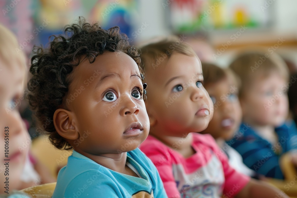 A young child with curly hair is looking up at something, generative ai image A young child with curly hair is looking up at something, generative ai image