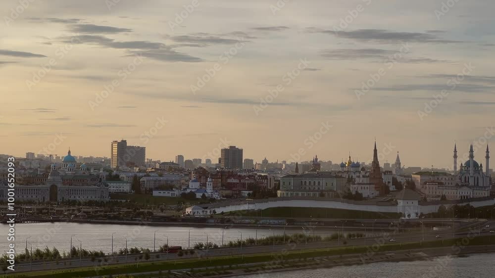 Aerial: Towers and walls of the Kazan Kremlin, Cathedral of the Annunciation, Syuyumbike Tower, Kul Sharif Mosque at dawn. Republic of Tatarstan, Russia. Tourist attractions of Kazan Aerial: Towers and walls of the Kazan Kremlin, Cathedral of the Annunciation, Syuyumbike Tower, Kul Sharif Mosque at dawn. Republic of Tatarstan, Russia. Tourist attractions of Kazan