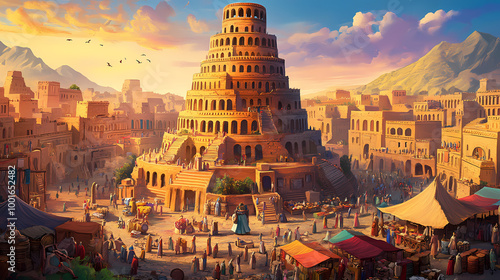 Visualize a colorful cartoon image showcasing the tower of babel surrounded by a bustling marketplace at its base, where merchants sell exotic goods. Ancient Marketplace. Illustration