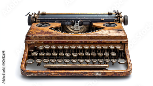 A vintage typewriter, muted grays and blacks, detailed keys isolated on white background ready to bring joy to any space , cartoon drawing, water color style