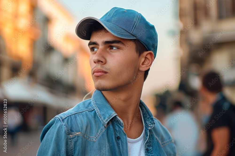 Portrait of a young handsome trendy man wearing a cap of blue jeans color Portrait of a young handsome trendy man wearing a cap of blue jeans color