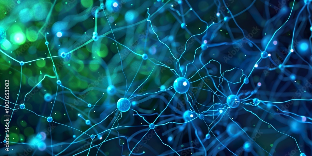 Futuristic neural network illustration with glowing nodes and interconnected lines in a digital space