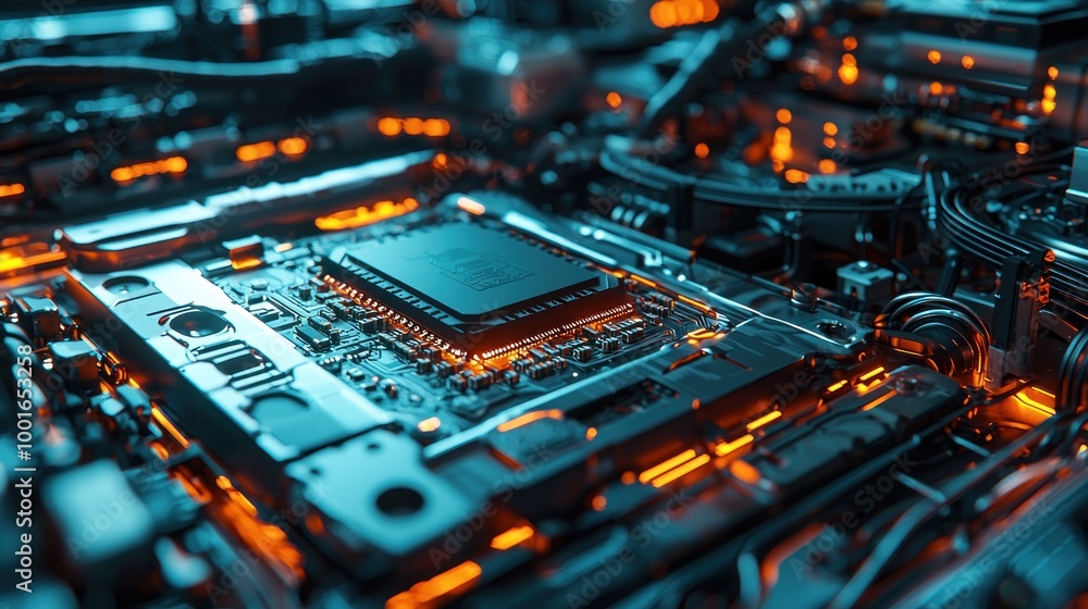 A microchip inside a car battery in a high-tech laboratory, signifying the role of technology in electric vehicle advancements and energy efficiency. A microchip inside a car battery in a high-tech laboratory, signifying the role of technology in electric vehicle advancements and energy efficiency.