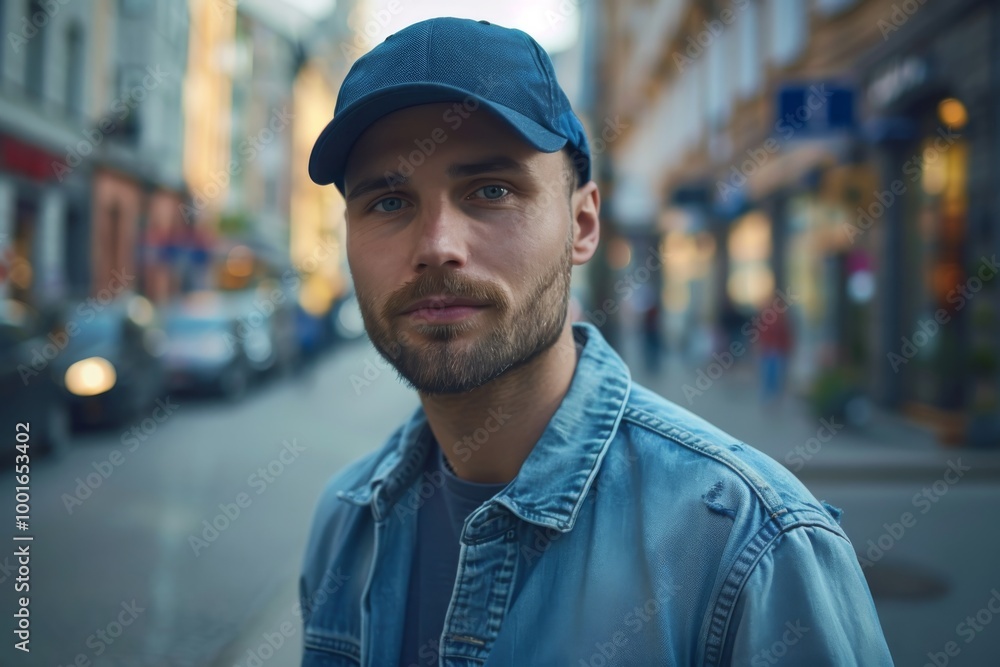 Portrait of a young handsome trendy man wearing a cap of blue jeans color Portrait of a young handsome trendy man wearing a cap of blue jeans color