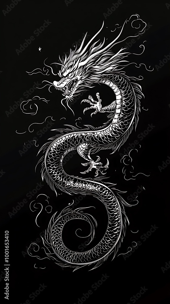 Black and White Dragon Illustration with Clouds, Mythical Creature Design Black and White Dragon Illustration with Clouds, Mythical Creature Design