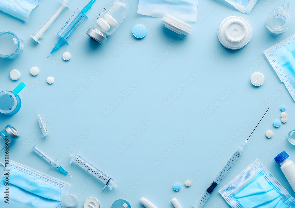 Medical Supplies and Pills Flat Lay on Blue Background Medical Supplies and Pills Flat Lay on Blue Background