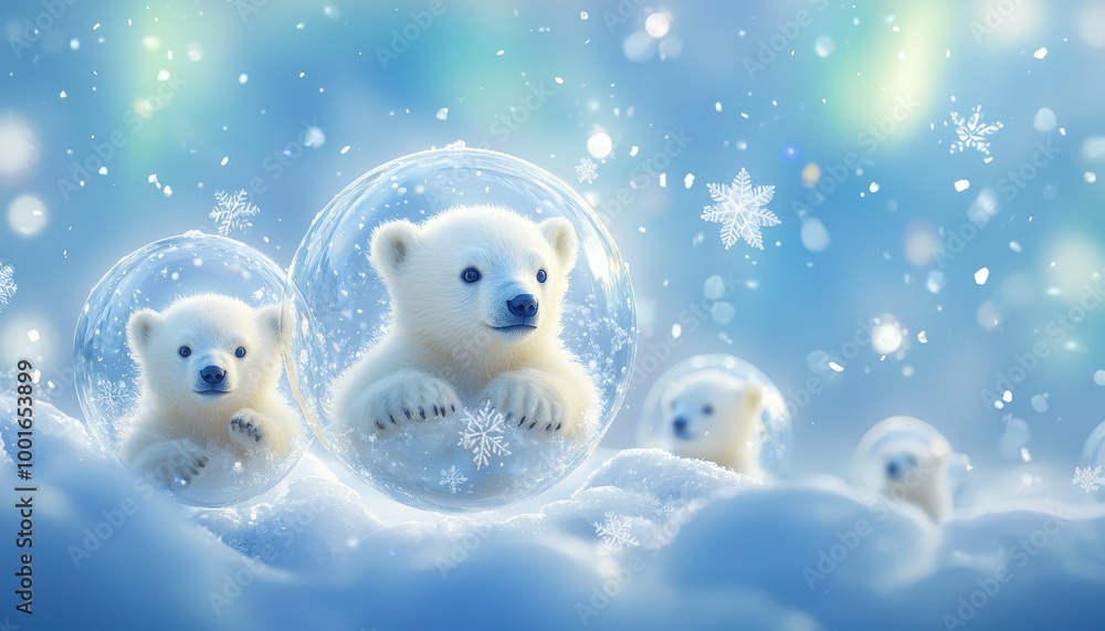 Chubby Polar Bear Cubs Floating in Snow Globes Chubby Polar Bear Cubs Floating in Snow Globes