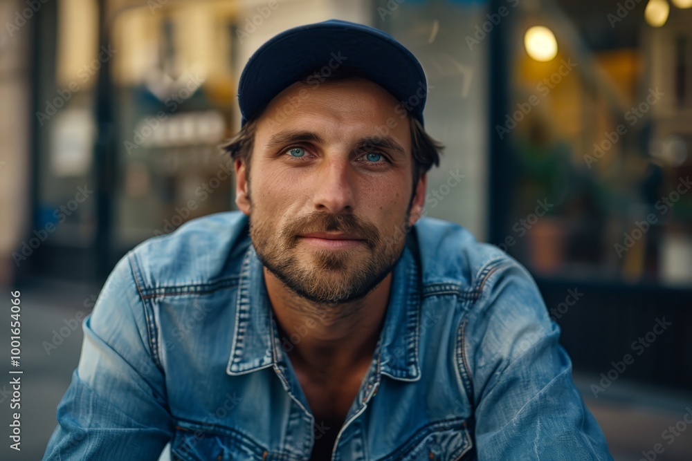 Portrait of a young handsome trendy man wearing a cap of blue jeans color Portrait of a young handsome trendy man wearing a cap of blue jeans color