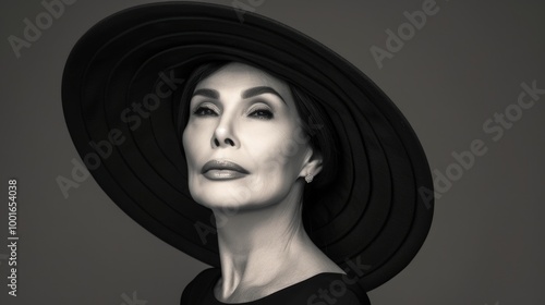 Elegant 50-year-old Caucasian woman wearing a wide-brimmed hat against a plain background. Concept of Classic Fashion, Confidence, Timeless Elegance, Beauty, Vintage Style. Black and White