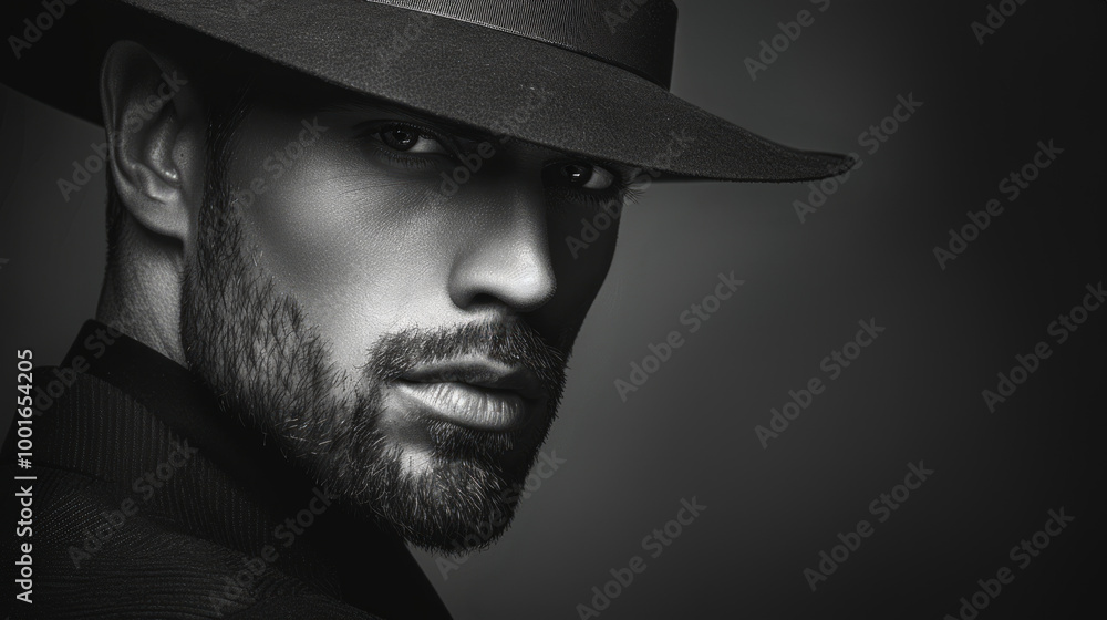 Elegant Man in Wide Brimmed Hat on Grey Background. Concept of Classic Fashion, Confidence, Timeless Elegance, Vintage Style, Masculinity. Black and White, Minimalist Style Elegant Man in Wide Brimmed Hat on Grey Background. Concept of Classic Fashion, Confidence, Timeless Elegance, Vintage Style, Masculinity. Black and White, Minimalist Style