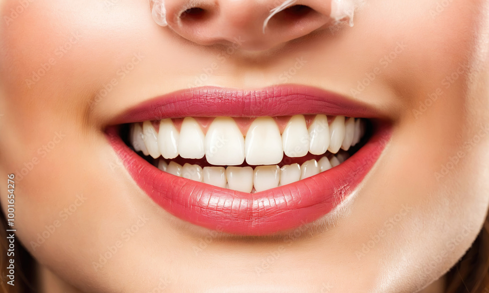 A close-up image of a woman's smile, showing off her bright white teeth and pink lipstick A close-up image of a woman's smile, showing off her bright white teeth and pink lipstick