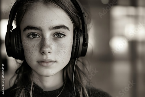 Teenage girl wearing headphones with a sad expression. Black and white portrait of emotional distress, depression, mental health. photo