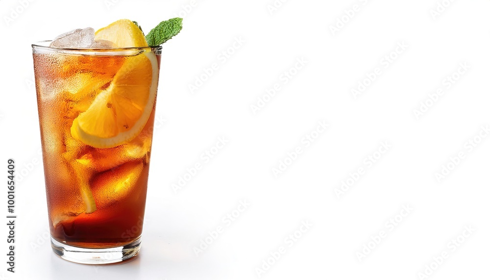 Long Island ice tea, is an IBA official cocktail, typically made with vodka, tequila, light rum, triple sec, gin, and a splash of cola. Despite its name it does not contain iced tea. Isolated in white