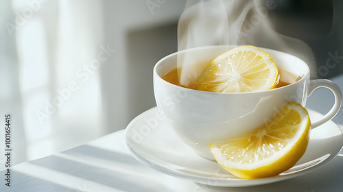 A cup of tea with lemon slice, soft steam rising, delicate details isolated on white background ready to bring joy to any space , cartoon drawing, water color style