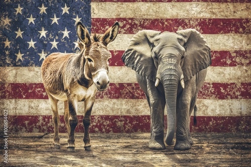 A donkey and elephant standing in front of the American flag, representing the Democratic and Republican parties in U.S. politics. photo