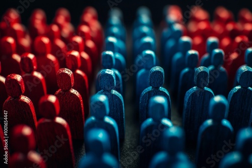 Red and blue wooden figures facing each other in contrast, representing the opposing sides in American politics or ideologies.