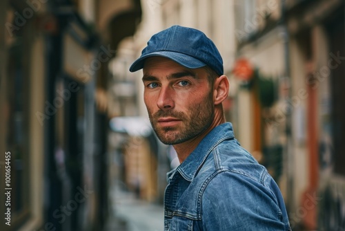 Portrait of a young handsome trendy man wearing a cap of blue jeans color