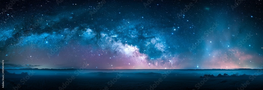 Obraz premium Beautiful Milky Way Galaxy Across Starry Night Sky Above Misty Forest Landscape. Concept of Cosmic Exploration, Nighttime Tranquility, Stargazing Adventure. Banner