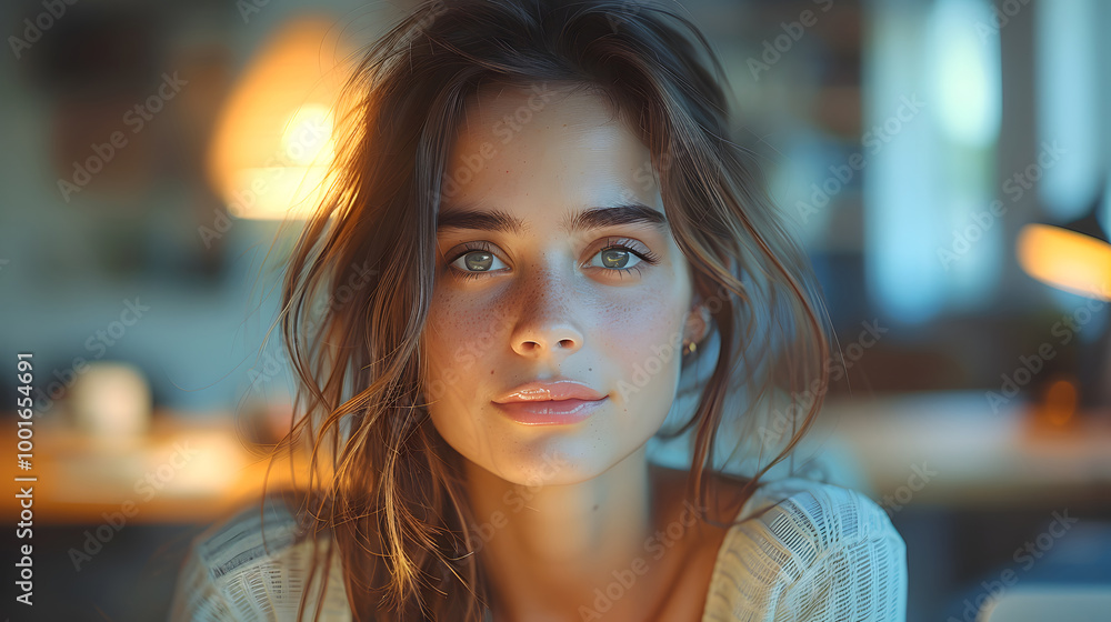 Close-up portrait of a young woman with freckles and loose hair, sitting indoors in a warmly lit, cozy environment, gazing thoughtfully Close-up portrait of a young woman with freckles and loose hair, sitting indoors in a warmly lit, cozy environment, gazing thoughtfully