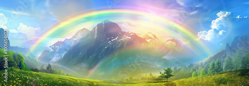 Mountain with Colorful Rainbow in Cloudy Sky Over Field on a Sunny Day. Concept of Natural Beauty, Tranquility, and Outdoor Adventure. Digital art. Banner