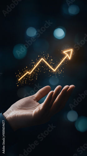Businessman holds a shining upward arrow in his hand, representing business growth and achievement
