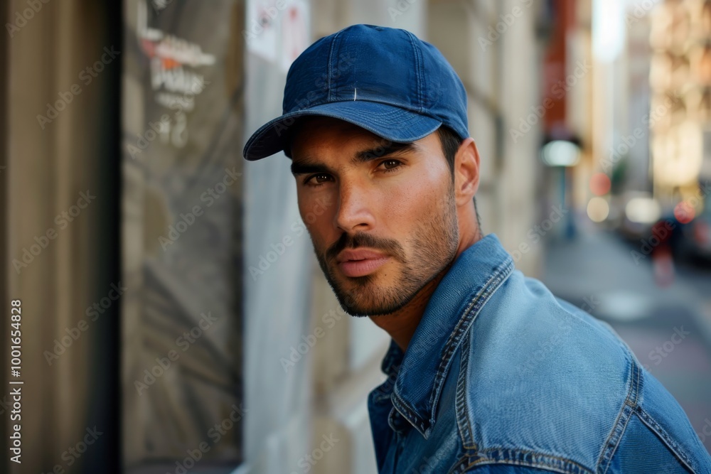 Portrait of a young handsome trendy man wearing a cap of blue jeans color Portrait of a young handsome trendy man wearing a cap of blue jeans color