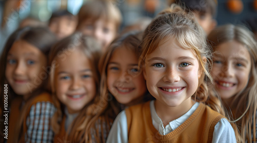 Happy group of young girls smiling in a classroom setting, dressed in casual autumn outfits, creating a joyful and friendly atmosphere