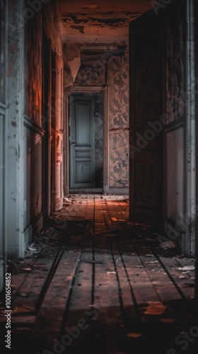 Spooky abandoned house hallway featuring dimly lit wooden floorboards, cobwebs, and eerie open doors. Concept of Halloween, horror, haunted mansion, mystery, scary atmosphere, abandonment. Vertical