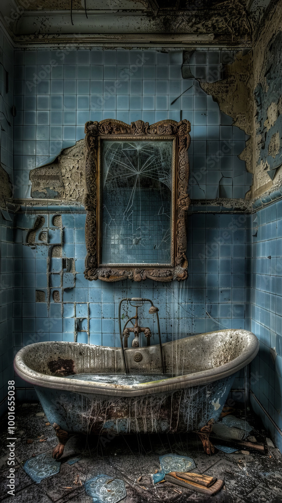 Eerie abandoned mansion bathroom with a broken mirror and a rusty bathtub. Concept of urban decay, forgotten spaces, vintage architecture, spooky atmosphere, Halloween, and scary ambiance. Vertical Eerie abandoned mansion bathroom with a broken mirror and a rusty bathtub. Concept of urban decay, forgotten spaces, vintage architecture, spooky atmosphere, Halloween, and scary ambiance. Vertical