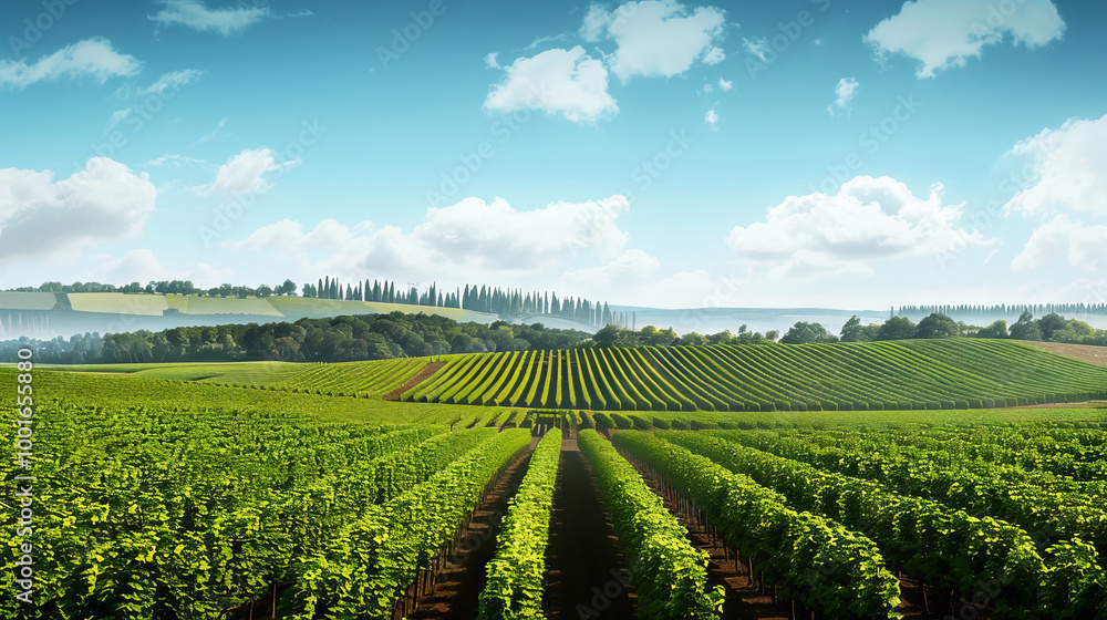 Scenic vineyard landscape at sunset, lush grapevines. Concept of countryside, wine production, agriculture, nature beauty Scenic vineyard landscape at sunset, lush grapevines. Concept of countryside, wine production, agriculture, nature beauty